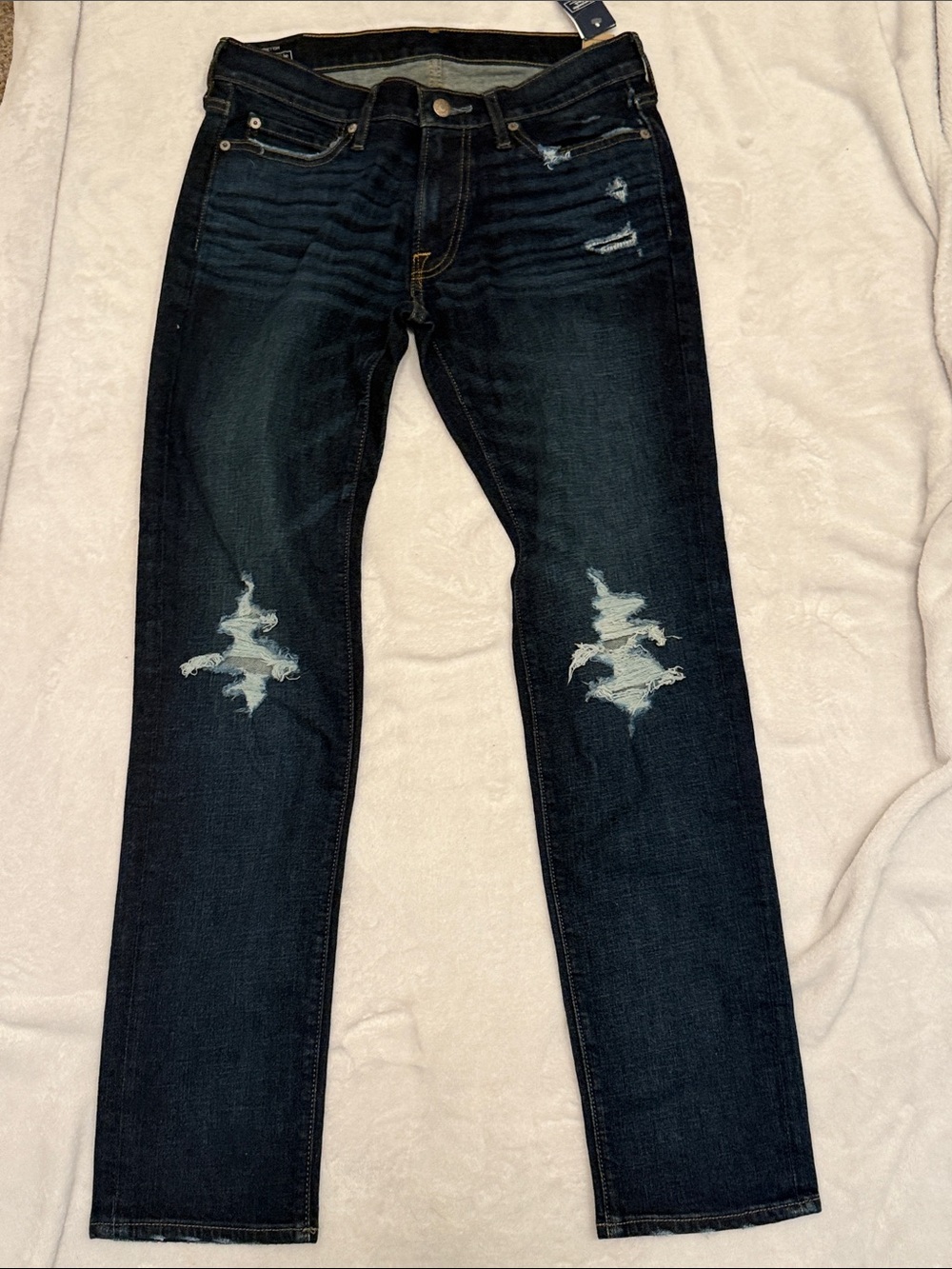 Abercrombie & Fitch Men’s Dark Blue Slim Straight Jeans with Knee Distress